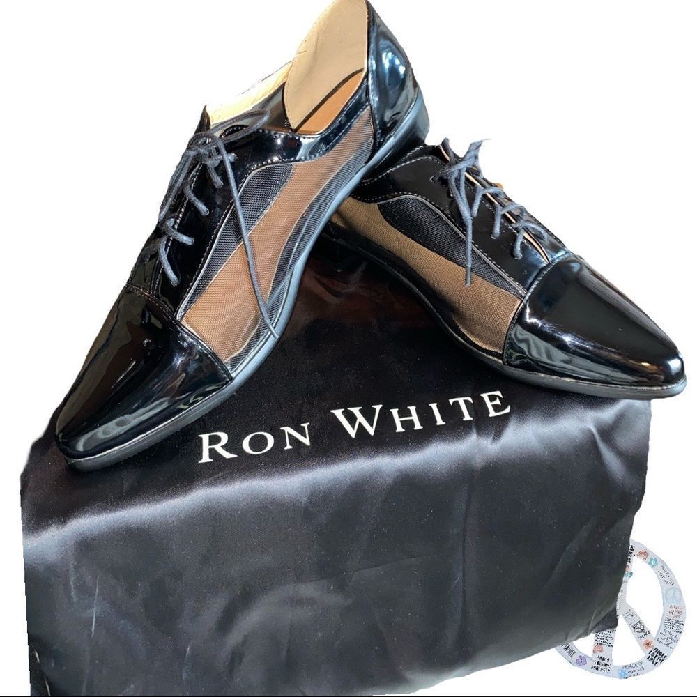 Ron White by Vero Cuoio made in Italy black patent leather & mesh lace up oxford